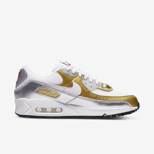 Nike Air Max 90 SE Sneakers Dames Wit Metal Goud Metal Zilver Wit | NK910WUD