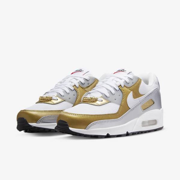 Nike Air Max 90 SE Sneakers Dames Wit Metal Goud Metal Zilver Wit | NK910WUD