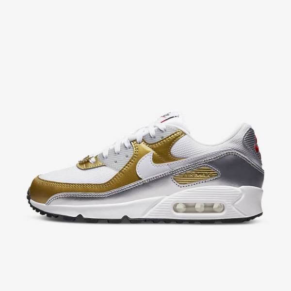 Nike Air Max 90 SE Sneakers Dames Wit Metal Goud Metal Zilver Wit | NK910WUD