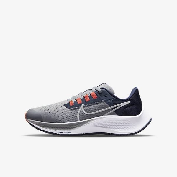 Nike Air Zoom Pegasus 38 Older Weg Hardloopschoenen Kinderen Grijs Donkerblauw Oranje Wit | NK940YUR