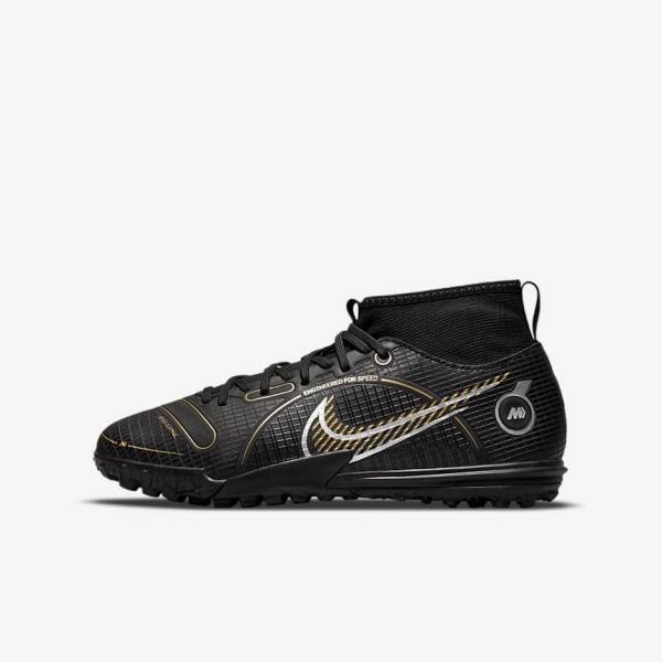 Nike Jr. Mercurial Superfly 8 Academy TF Older Turf Voetbalschoenen Kinderen Zwart Metal Zilver Grijs Metal Goud | NK179JTX