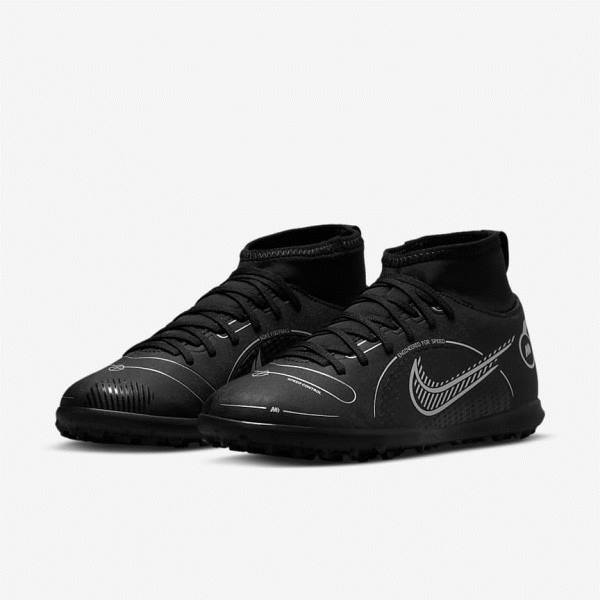 Nike Jr. Mercurial Superfly 8 Club TF Older Turf Voetbalschoenen Kinderen Zwart Grijs Metal Zilver | NK493VGB