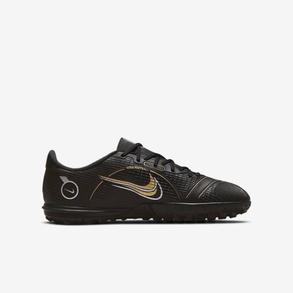 Nike Jr. Mercurial Vapor 14 Academy TF Older Kids Turf Voetbalschoenen Kinderen Zwart Metal Zilver Grijs Metal Goud | NK013ZOD