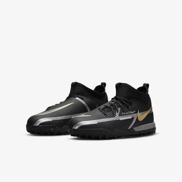 Nike Jr. Phantom GT2 Academy Dynamic Fit TF Older Turf Voetbalschoenen Kinderen Zwart Metal Goud Donkergrijs Metal Donkergrijs | NK370GRA