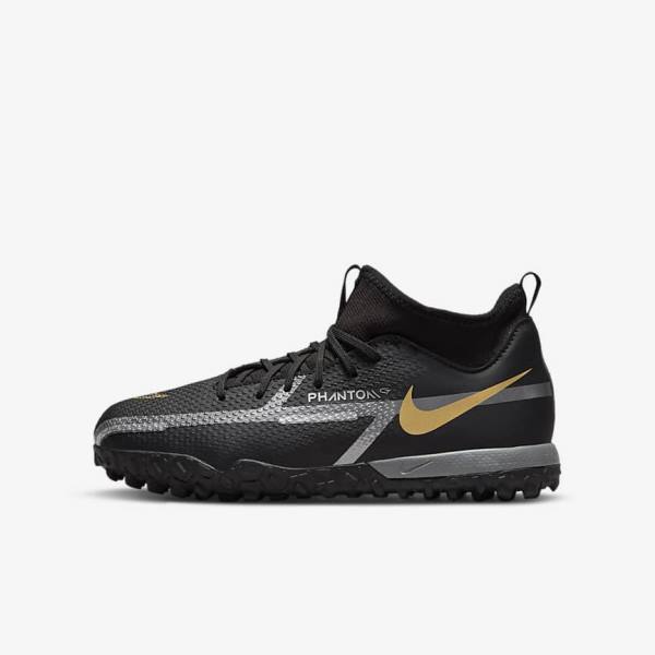 Nike Jr. Phantom GT2 Academy Dynamic Fit TF Older Turf Voetbalschoenen Kinderen Zwart Metal Goud Donkergrijs Metal Donkergrijs | NK370GRA