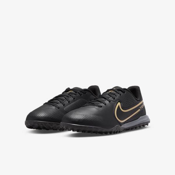 Nike Jr. Tiempo Legend 9 Academy TF Older Turf Voetbalschoenen Kinderen Zwart Donkergrijs Metal Goud Zwart | NK719EQR