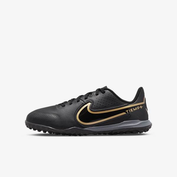 Nike Jr. Tiempo Legend 9 Academy TF Older Turf Voetbalschoenen Kinderen Zwart Donkergrijs Metal Goud Zwart | NK719EQR