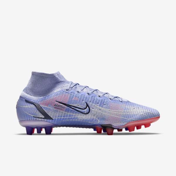 Nike Mercurial Superfly 8 Elite KM AG Artificial-Grass Voetbalschoenen Heren Indigo Lichtrood Metal Zilver | NK031KFT