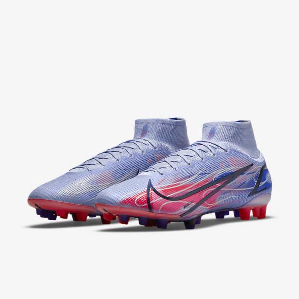 Nike Mercurial Superfly 8 Elite KM AG Artificial-Grass Voetbalschoenen Heren Indigo Lichtrood Metal Zilver | NK031KFT