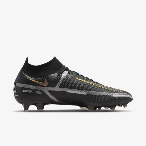 Nike Phantom GT2 Dynamic Fit Elite FG Firm-Ground Voetbalschoenen Dames Zwart Metal Goud Metal Zilver Metal Donkergrijs | NK078PVU