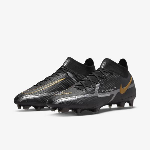 Nike Phantom GT2 Dynamic Fit Elite FG Firm-Ground Voetbalschoenen Dames Zwart Metal Goud Metal Zilver Metal Donkergrijs | NK078PVU