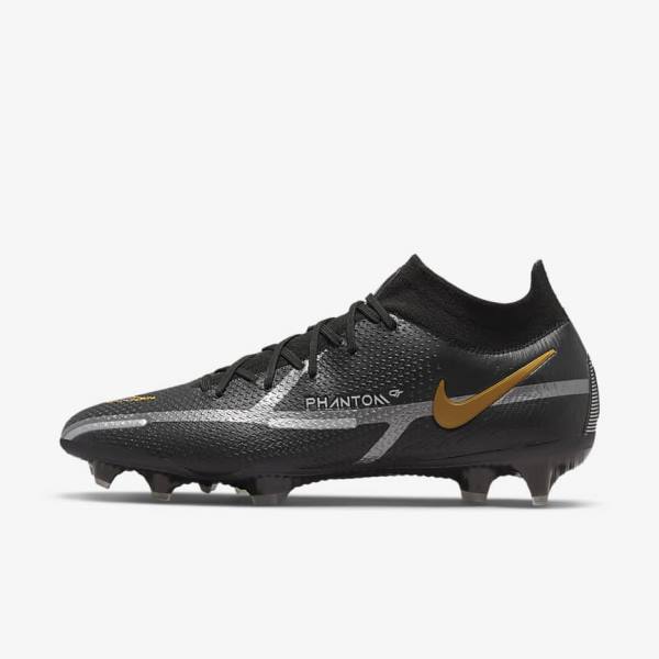 Nike Phantom GT2 Dynamic Fit Elite FG Firm-Ground Voetbalschoenen Dames Zwart Metal Goud Metal Zilver Metal Donkergrijs | NK078PVU