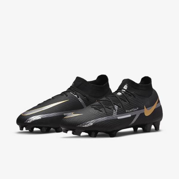 Nike Phantom GT2 Pro Dynamic Fit FG Firm-Ground Voetbalschoenen Dames Zwart Metal Goud Metal Zilver Metal Donkergrijs | NK031VOS