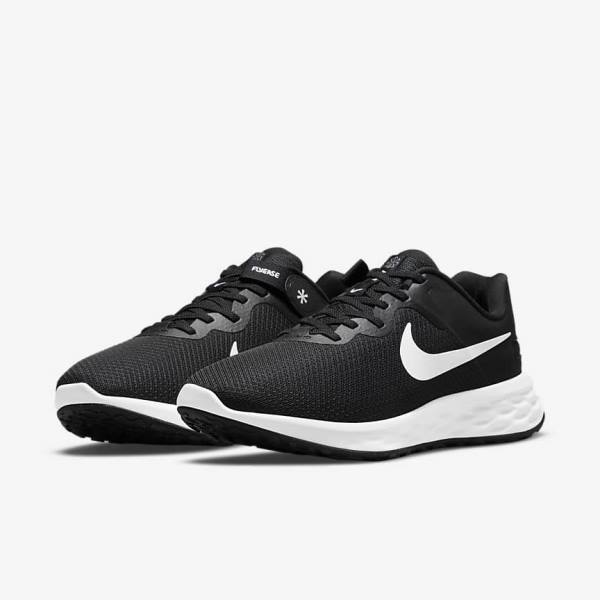 Nike Revolution 6 FlyEase Next Nature Easy-On-And-Off Weg (Extra Brede) Hardloopschoenen Heren Zwart Grijs Wit | NK376HLW