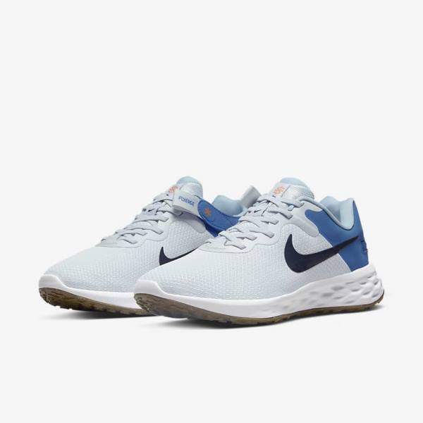 Nike Revolution 6 FlyEase Next Nature Easy-On-And-Off Weg (Extra Brede) Hardloopschoenen Heren Platina Donkerblauw Blauw | NK628GND