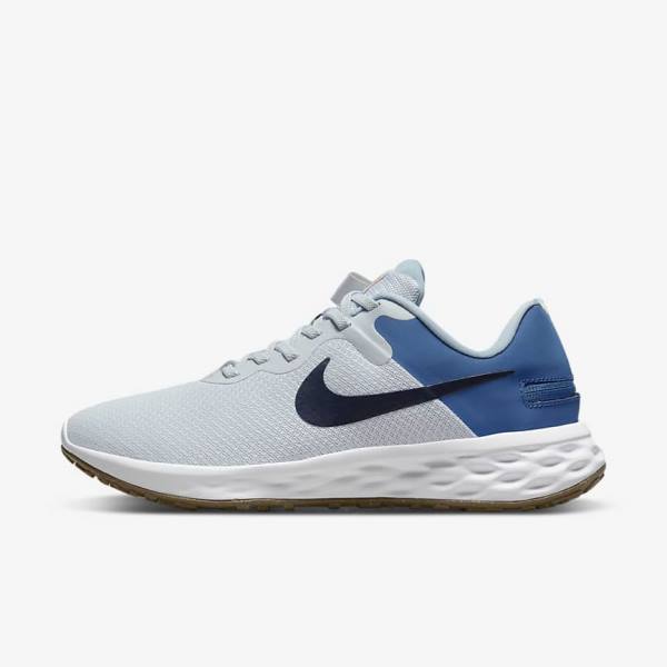 Nike Revolution 6 FlyEase Next Nature Easy-On-And-Off Weg (Extra Brede) Hardloopschoenen Heren Platina Donkerblauw Blauw | NK628GND