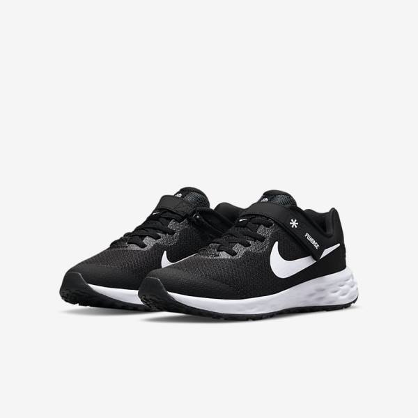 Nike Revolution 6 FlyEase Older Easy On-Off Weg Hardloopschoenen Kinderen Zwart Donkergrijs Wit | NK319ZAD