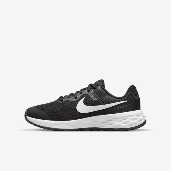 Nike Revolution 6 Older Weg Hardloopschoenen Kinderen Zwart Donkergrijs Wit | NK253WOS