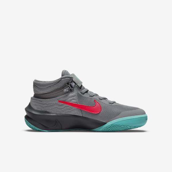 Nike Team Hustle D 10 FlyEase Older Basketbalschoenen Kinderen Grijs Donkergrijs Turquoise Rood | NK205EOZ