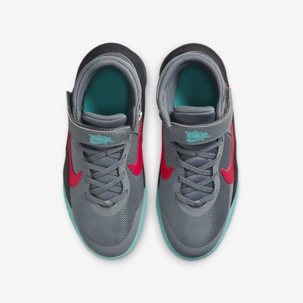 Nike Team Hustle D 10 FlyEase Older Basketbalschoenen Kinderen Grijs Donkergrijs Turquoise Rood | NK205EOZ