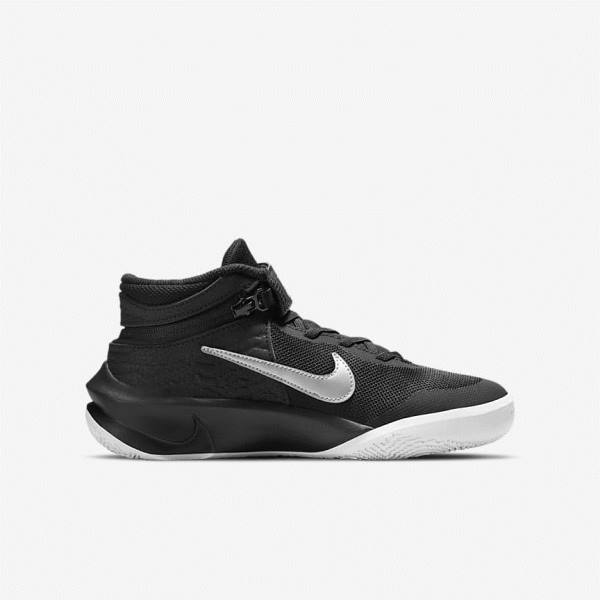 Nike Team Hustle D 10 FlyEase Older Basketbalschoenen Kinderen Zwart Wit Metal Zilver | NK532HWE