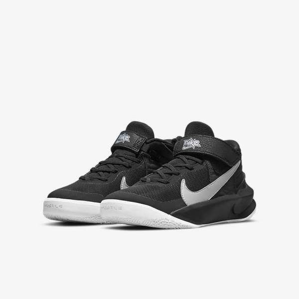 Nike Team Hustle D 10 FlyEase Older Basketbalschoenen Kinderen Zwart Wit Metal Zilver | NK532HWE