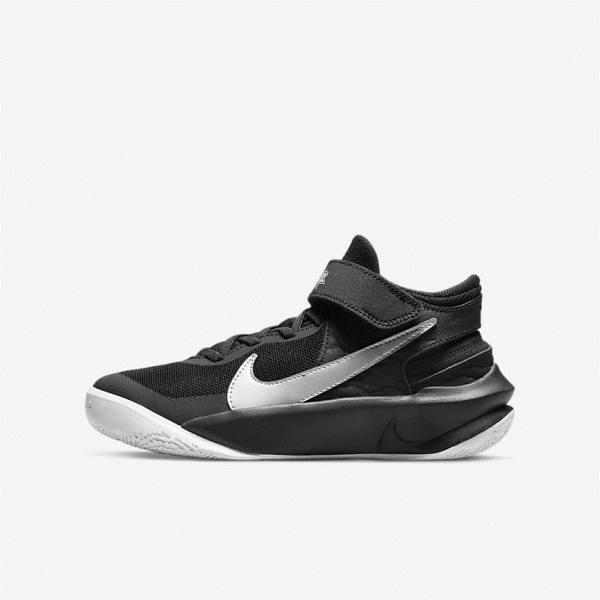 Nike Team Hustle D 10 FlyEase Older Basketbalschoenen Kinderen Zwart Wit Metal Zilver | NK532HWE