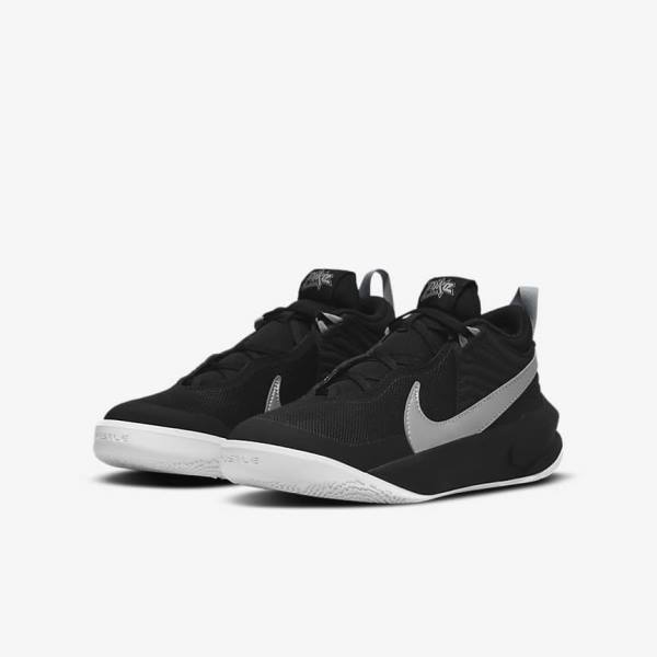 Nike Team Hustle D 10 Older Basketbalschoenen Kinderen Zwart Wit Metal Zilver | NK561TQJ