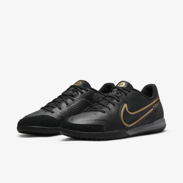 Nike Tiempo Legend 9 Academy IC Indoor-Court Voetbalschoenen Dames Zwart Donkergrijs Metal Goud Zwart | NK042RXB