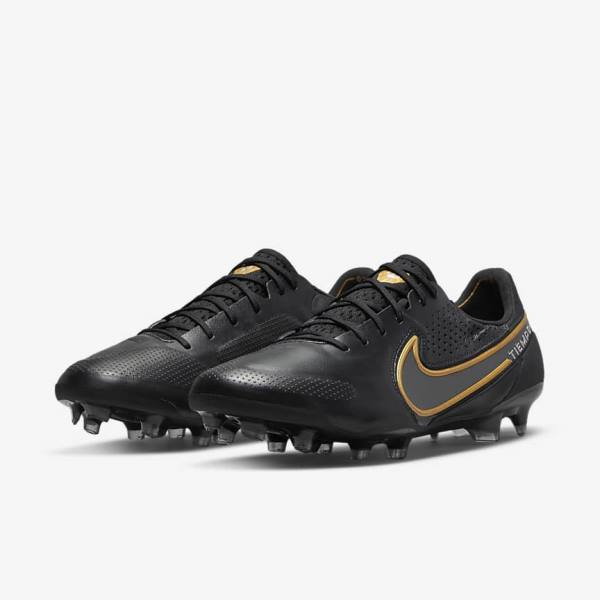 Nike Tiempo Legend 9 Elite FG Firm-Ground Voetbalschoenen Dames Zwart Donkergrijs Metal Goud Metal Donkergrijs | NK209IFN