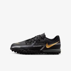 Nike Jr. Phantom GT2 Academy TF Older Turf Voetbalschoenen Kinderen Zwart Metal Goud Donkergrijs Metal Donkergrijs | NK809CJH