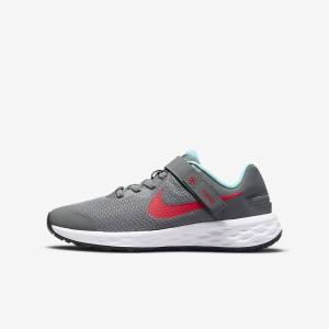 Nike Revolution 6 FlyEase Older Easy On-Off Weg Hardloopschoenen Kinderen Grijs Turquoise Rood | NK574JTD