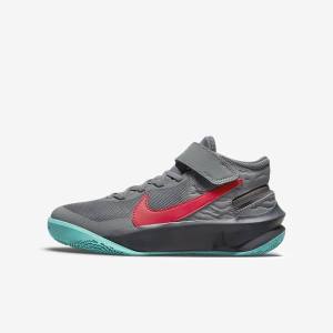 Nike Team Hustle D 10 FlyEase Older Basketbalschoenen Kinderen Grijs Donkergrijs Turquoise Rood | NK205EOZ